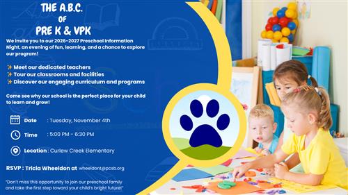  Preschool night to learn about the Curlew Creek preschool program. November 4th from 5:00-6:30 PM.